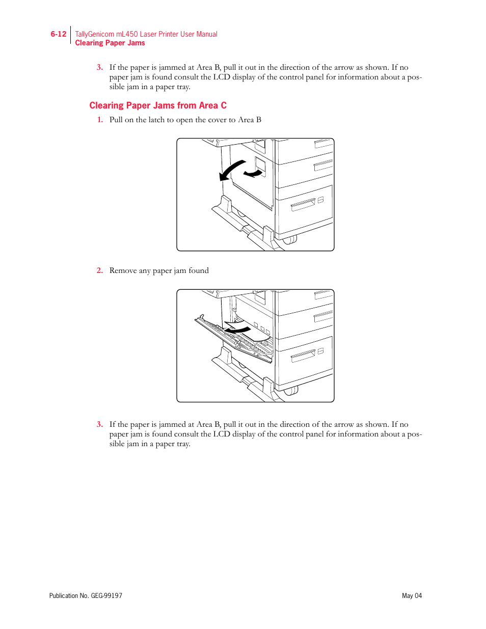 Clearing paper jams from area c | Tally Genicom mL450 User Manual | Page 154 / 232