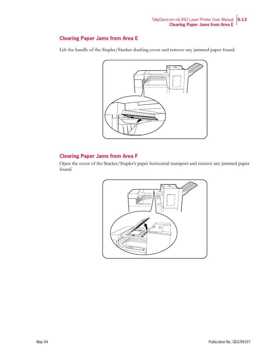 Clearing paper jams from area e, Clearing paper jams from area f | Tally Genicom mL450 User Manual | Page 155 / 232