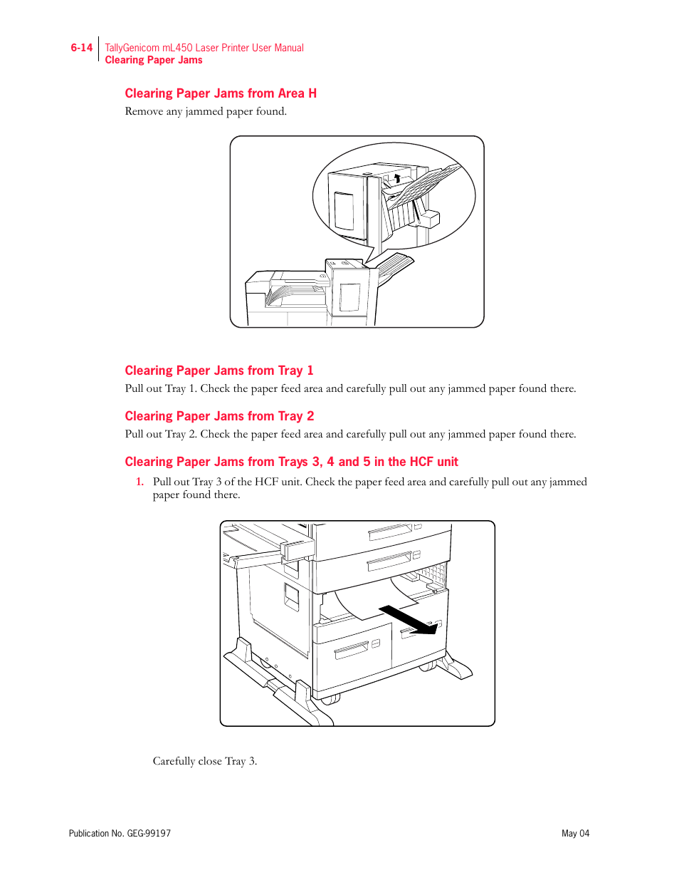 Clearing paper jams from area h, Clearing paper jams from tray 1, Clearing paper jams from tray 2 | Tally Genicom mL450 User Manual | Page 156 / 232