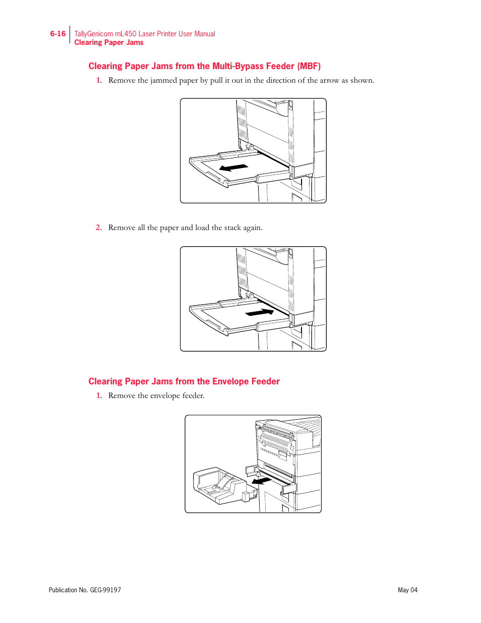 Clearing paper jams from the envelope feeder | Tally Genicom mL450 User Manual | Page 158 / 232