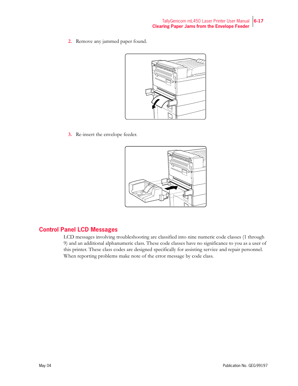 Control panel lcd messages | Tally Genicom mL450 User Manual | Page 159 / 232