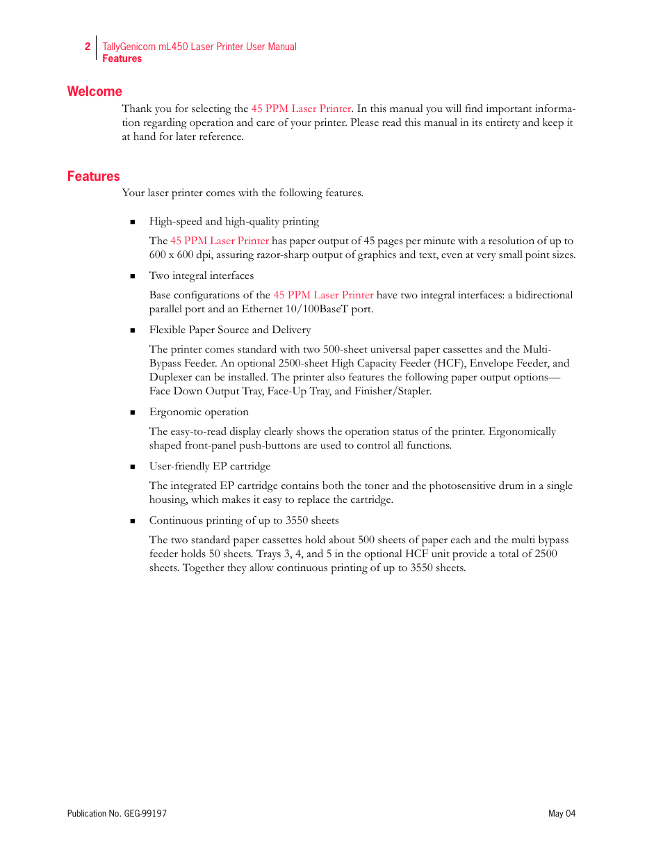 Welcome, Features | Tally Genicom mL450 User Manual | Page 16 / 232