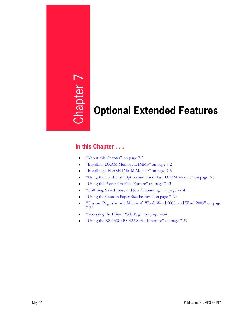 Optional extended features, Chapter 7 | Tally Genicom mL450 User Manual | Page 173 / 232