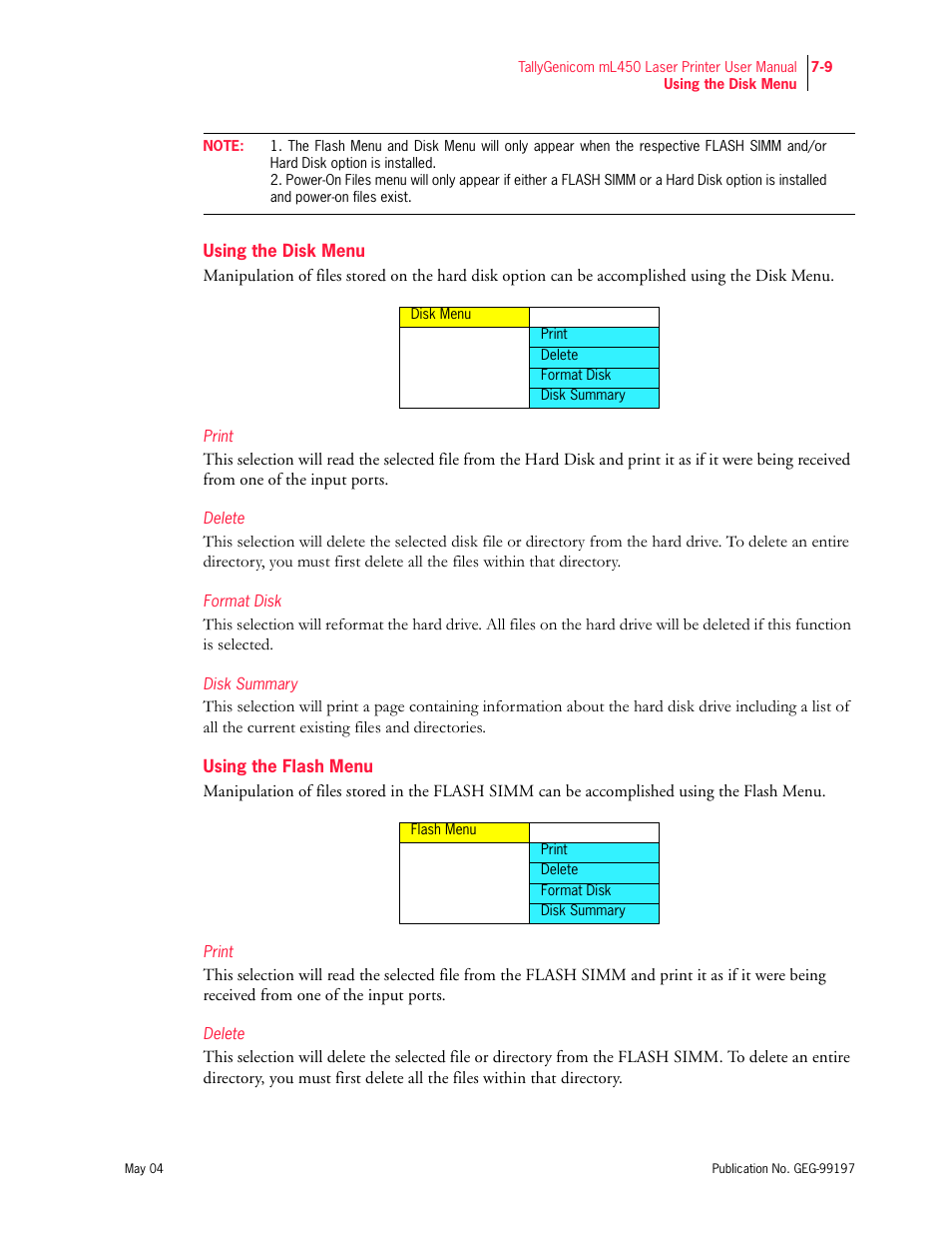 Using the disk menu, Using the flash menu, Print | Delete, Format disk, Disk summary | Tally Genicom mL450 User Manual | Page 181 / 232