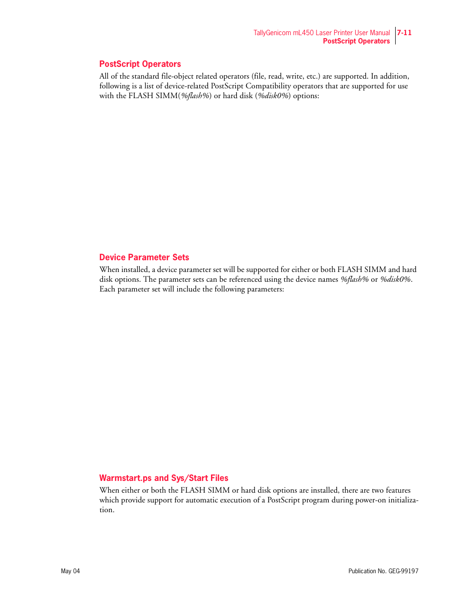 Postscript operators, Device parameter sets, Warmstart.ps and sys/start files | Tally Genicom mL450 User Manual | Page 183 / 232