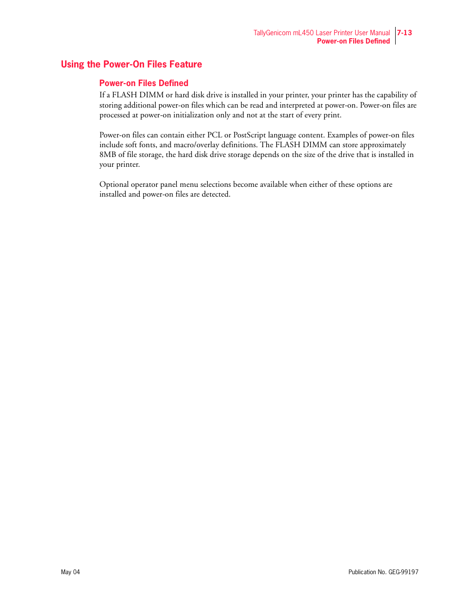 Using the power-on files feature, Power-on files defined | Tally Genicom mL450 User Manual | Page 185 / 232