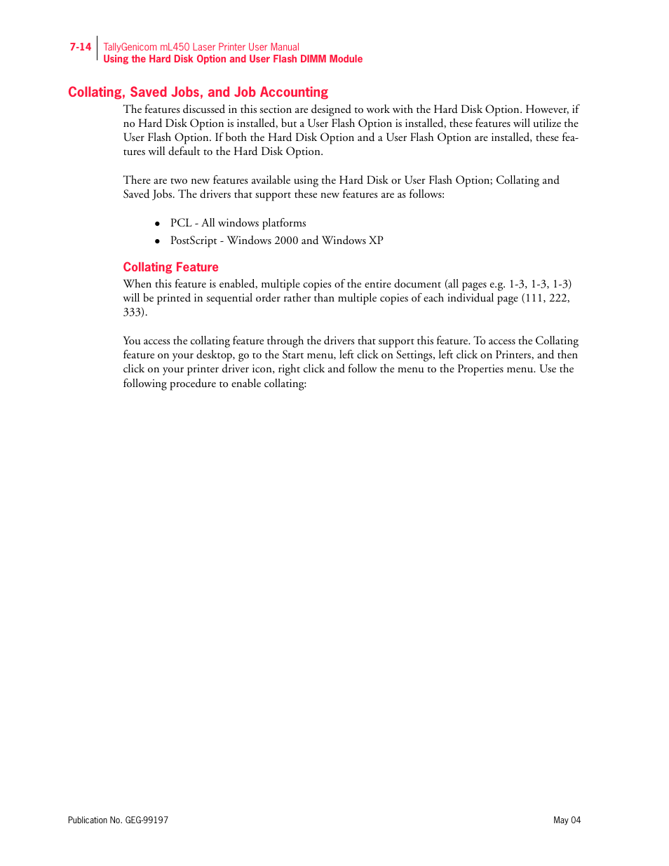 Collating, saved jobs, and job accounting, Collating feature | Tally Genicom mL450 User Manual | Page 186 / 232