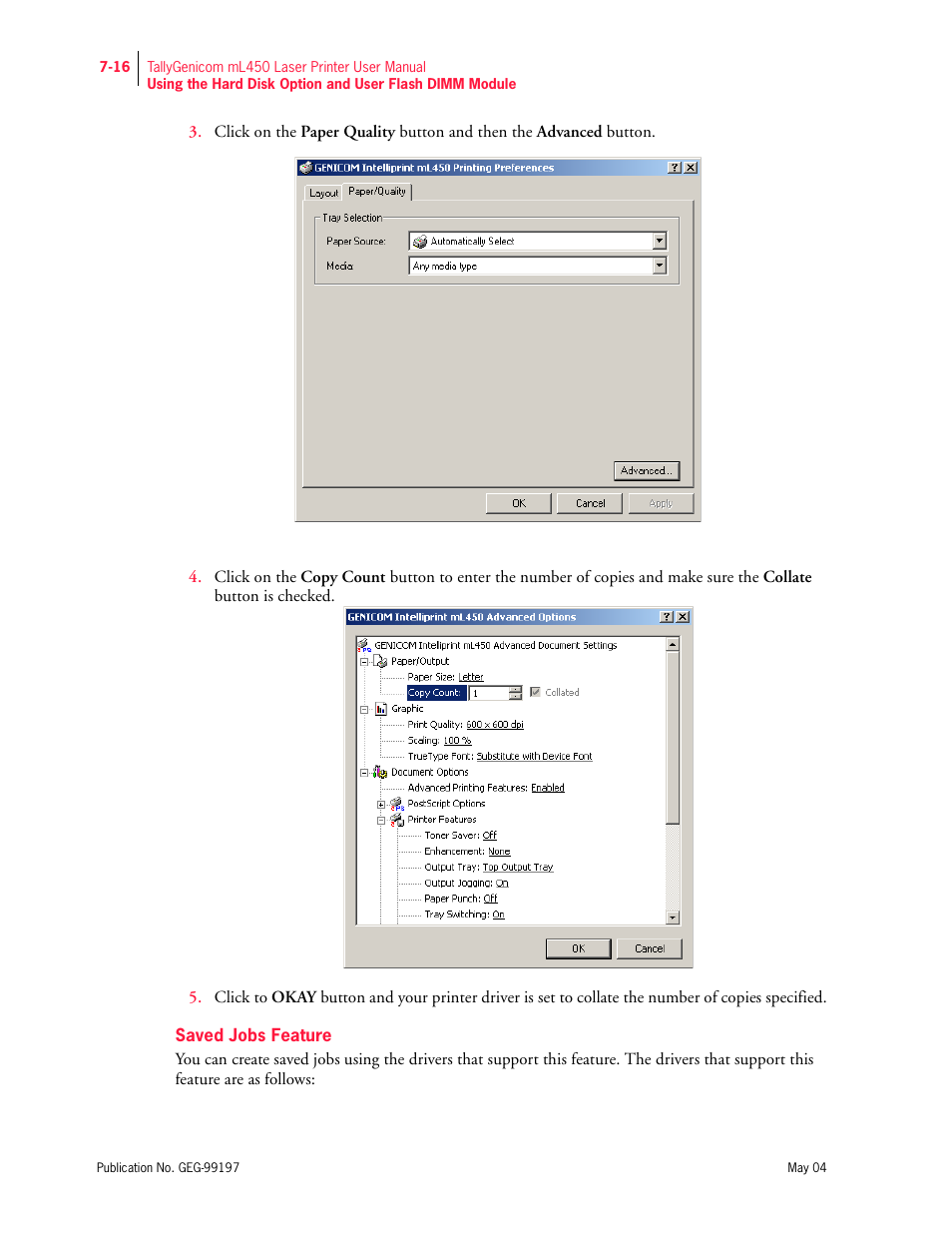 Saved jobs feature | Tally Genicom mL450 User Manual | Page 188 / 232