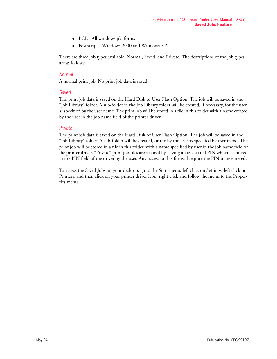 Normal, Saved, Private | Tally Genicom mL450 User Manual | Page 189 / 232
