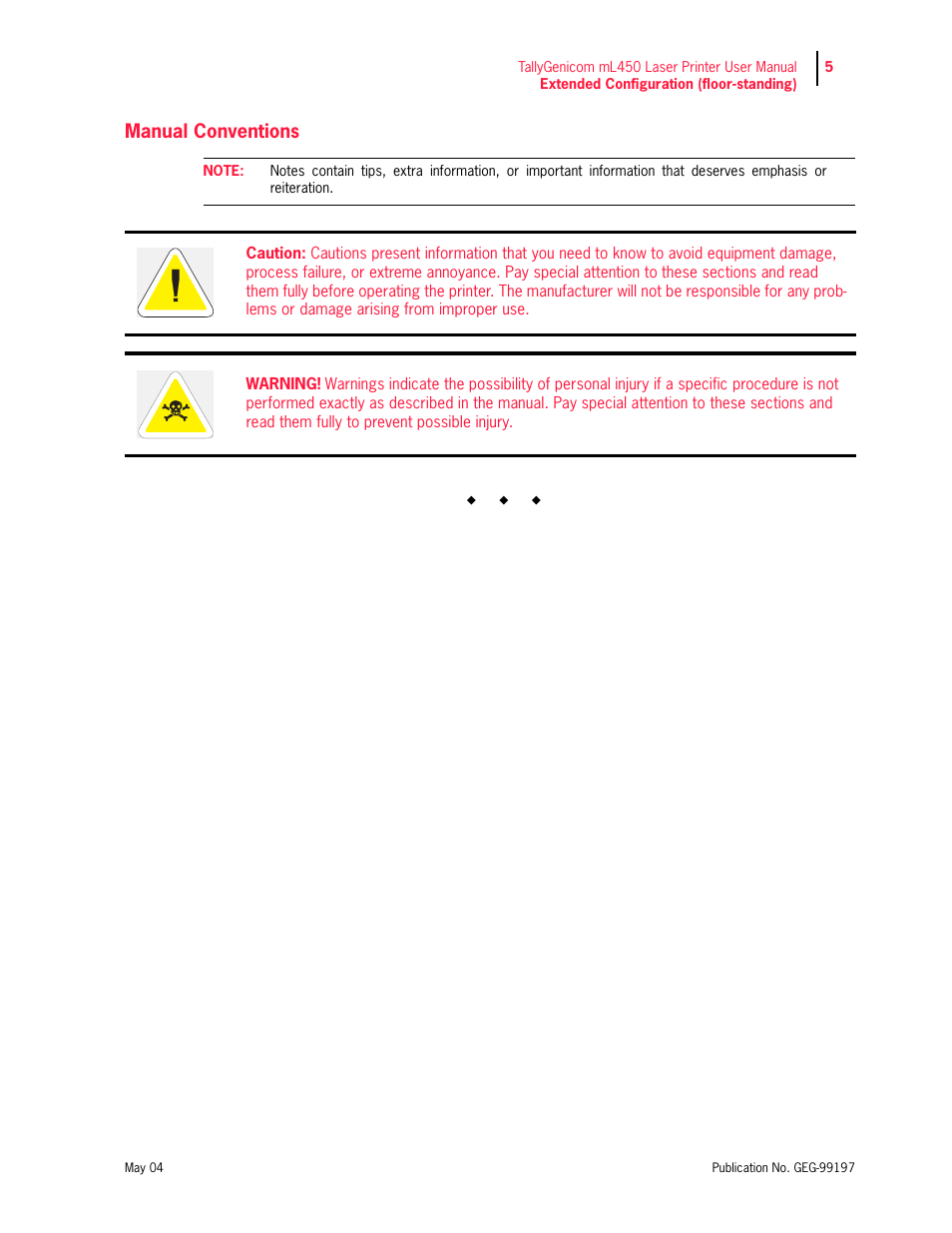 Manual conventions | Tally Genicom mL450 User Manual | Page 19 / 232