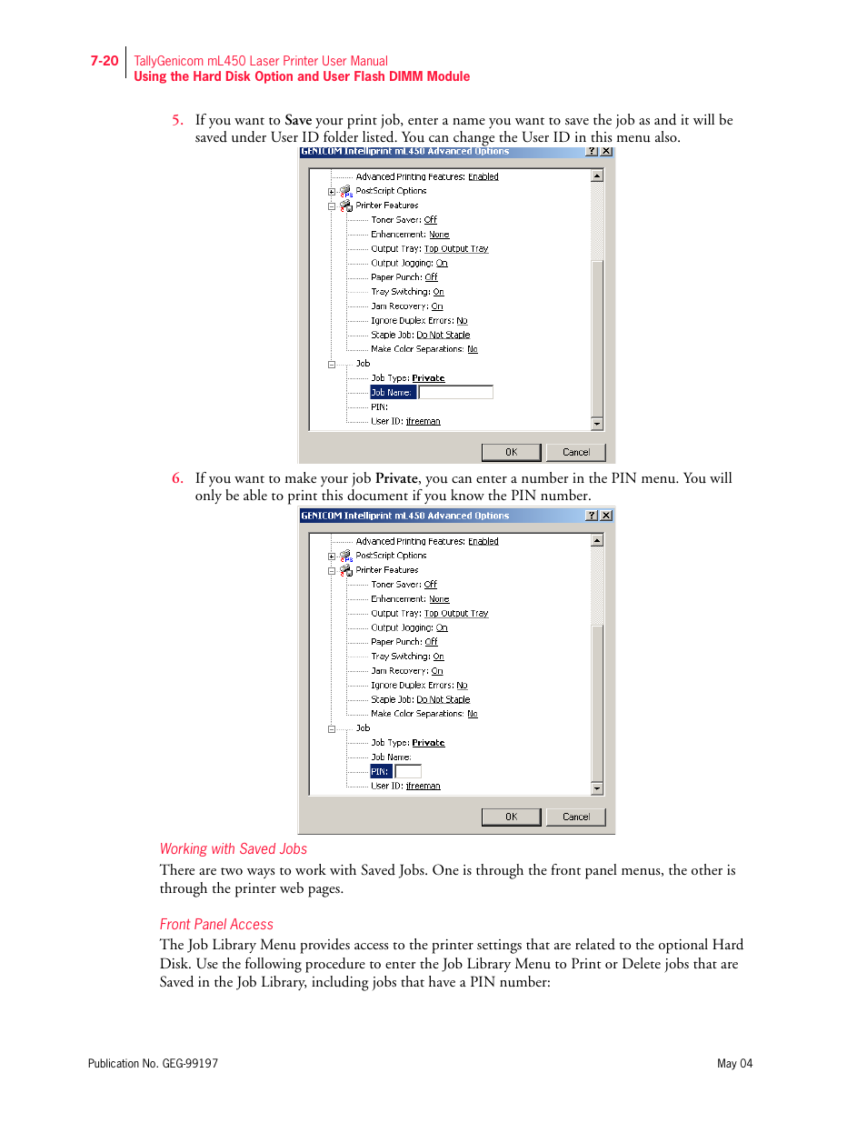 Working with saved jobs, Front panel access | Tally Genicom mL450 User Manual | Page 192 / 232