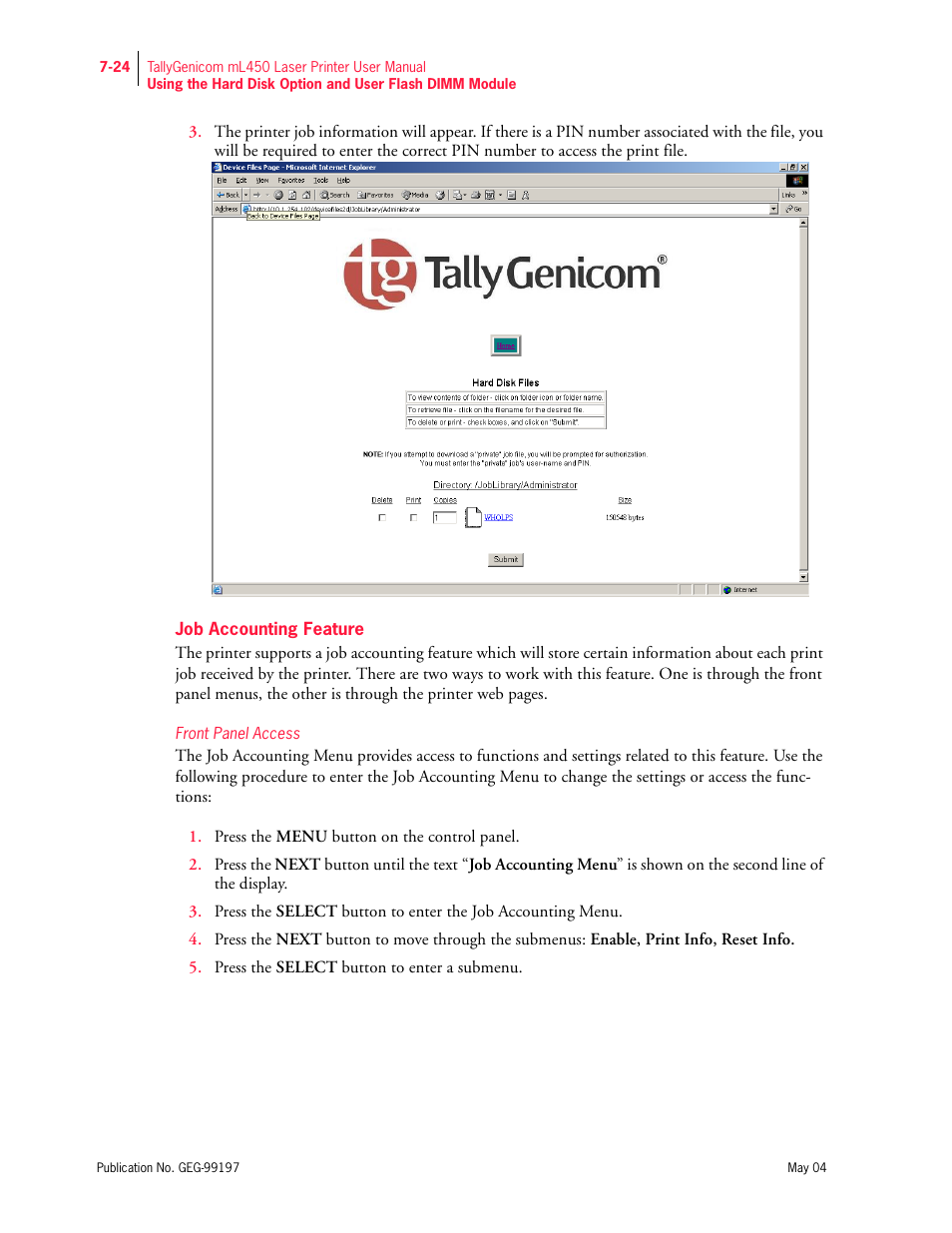 Job accounting feature, Front panel access | Tally Genicom mL450 User Manual | Page 196 / 232