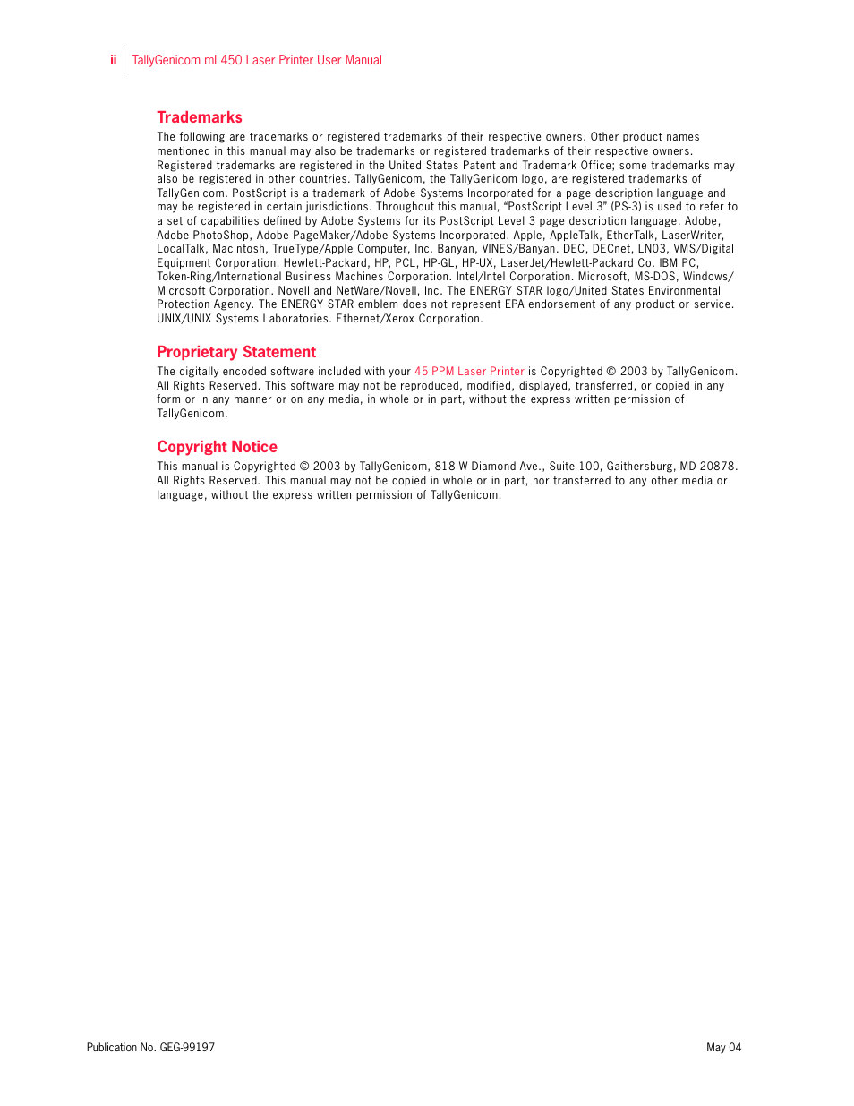 Trademarks, Proprietary statement, Copyright notice | Tally Genicom mL450 User Manual | Page 2 / 232