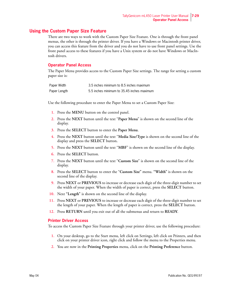 Using the custom paper size feature, Operator panel access, Printer driver access | Tally Genicom mL450 User Manual | Page 201 / 232