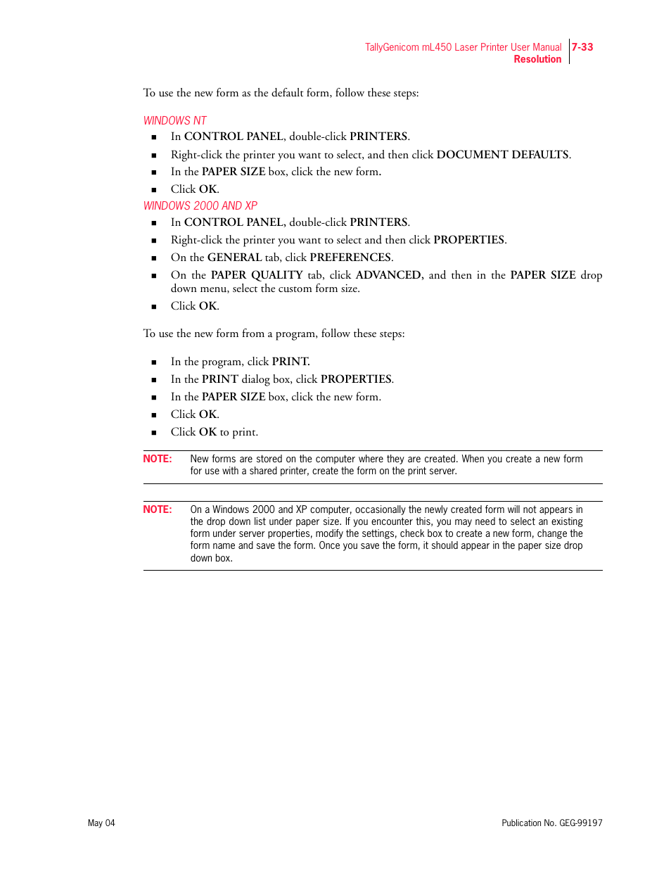 Windows nt, Windows 2000 and xp | Tally Genicom mL450 User Manual | Page 205 / 232