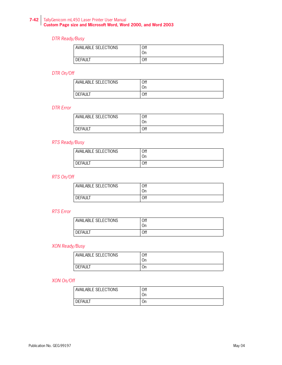 Dtr ready/busy, Dtr on/off, Dtr error | Rts ready/busy, Rts on/off, Rts error, Xon ready/busy, Xon on/off | Tally Genicom mL450 User Manual | Page 214 / 232