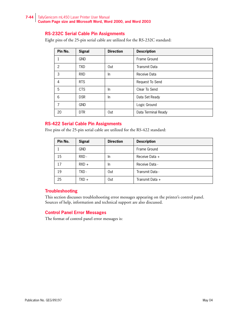 Rs-232c serial cable pin assignments, Rs-422 serial cable pin assignments, Troubleshooting | Control panel error messages | Tally Genicom mL450 User Manual | Page 216 / 232