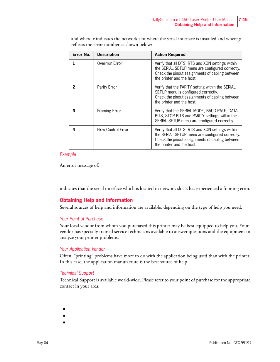 Obtaining help and information, Example, Your point of purchase | Your application vendor, Technical support | Tally Genicom mL450 User Manual | Page 217 / 232
