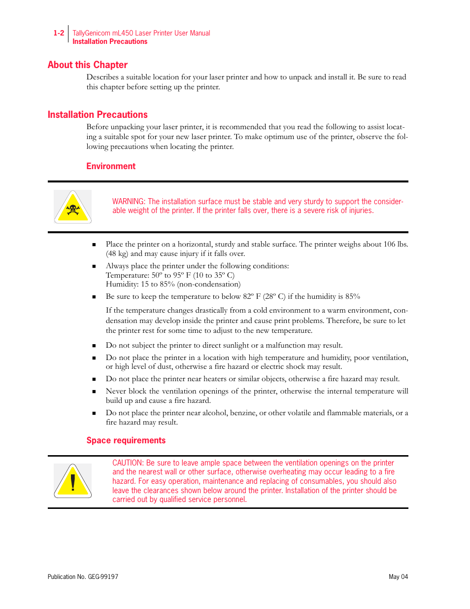 About this chapter, Installation precautions, Environment | Space requirements | Tally Genicom mL450 User Manual | Page 22 / 232