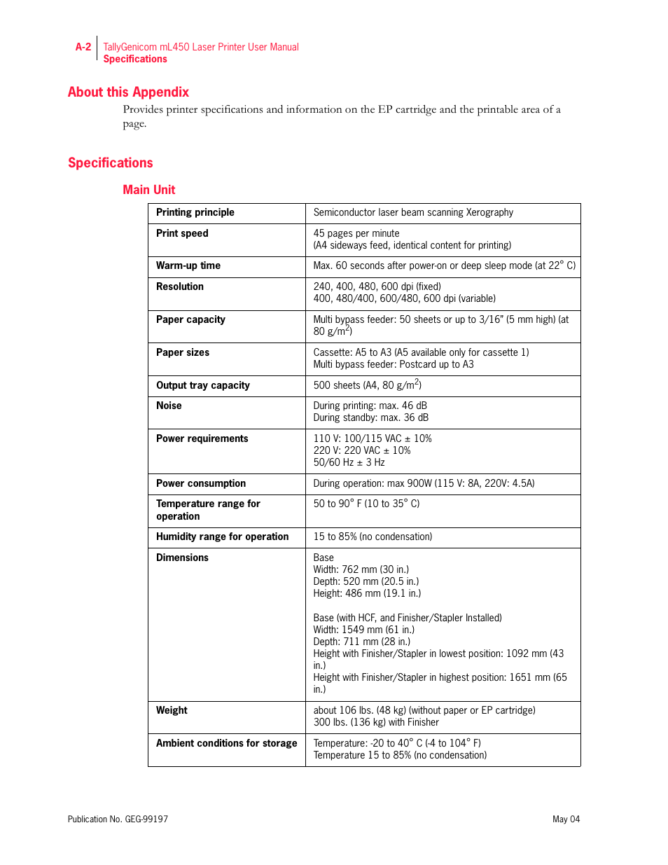 About this appendix, Specifications, Main unit | Tally Genicom mL450 User Manual | Page 220 / 232