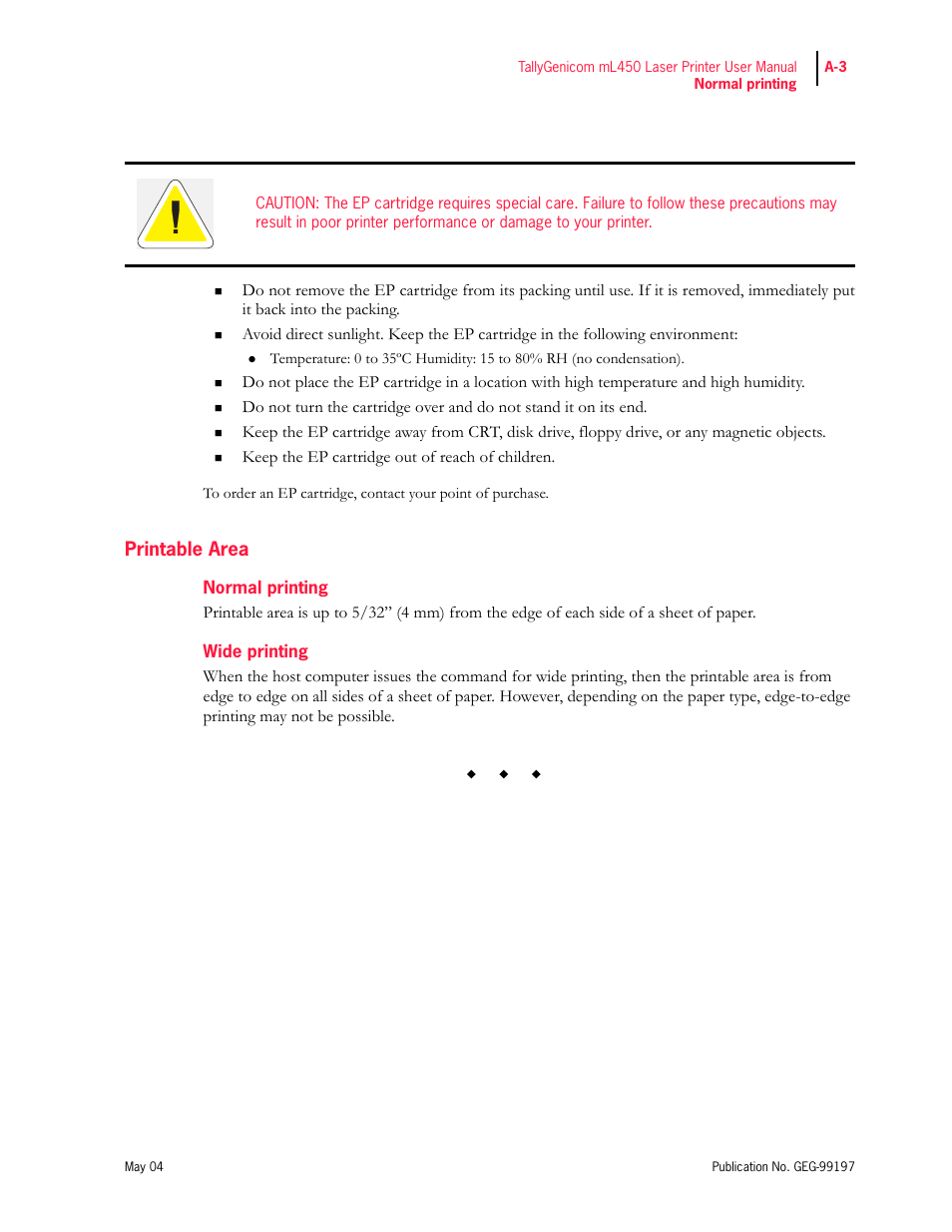 Printable area, Normal printing, Wide printing | Tally Genicom mL450 User Manual | Page 221 / 232