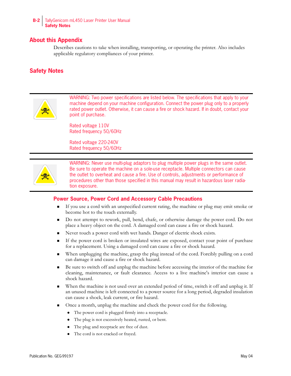 About this appendix, Safety notes | Tally Genicom mL450 User Manual | Page 224 / 232