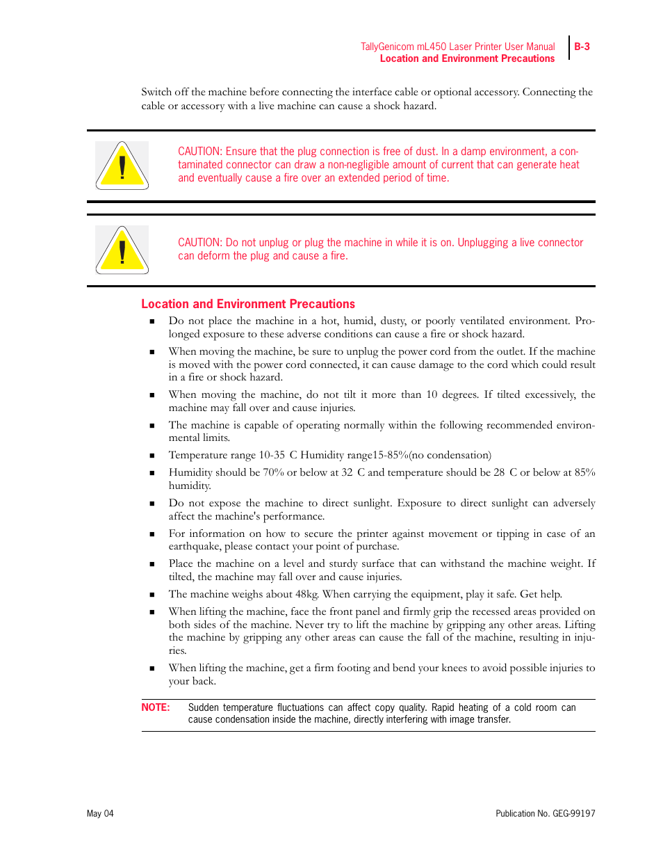 Location and environment precautions | Tally Genicom mL450 User Manual | Page 225 / 232