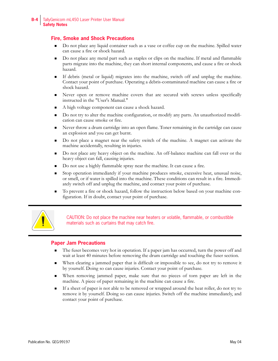 Fire, smoke and shock precautions, Paper jam precautions | Tally Genicom mL450 User Manual | Page 226 / 232