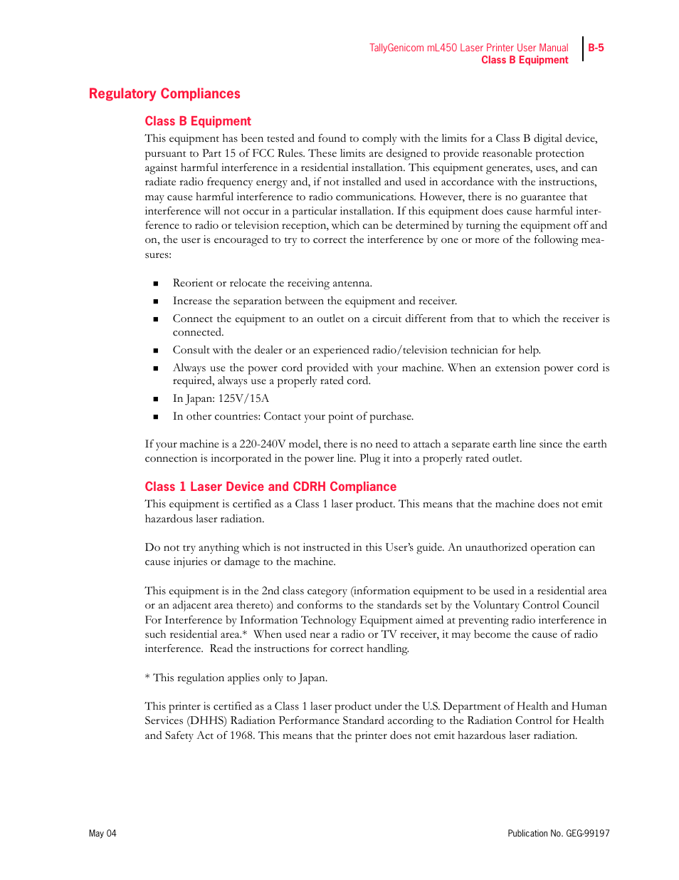 Regulatory compliances, Class b equipment, Class 1 laser device and cdrh compliance | Tally Genicom mL450 User Manual | Page 227 / 232