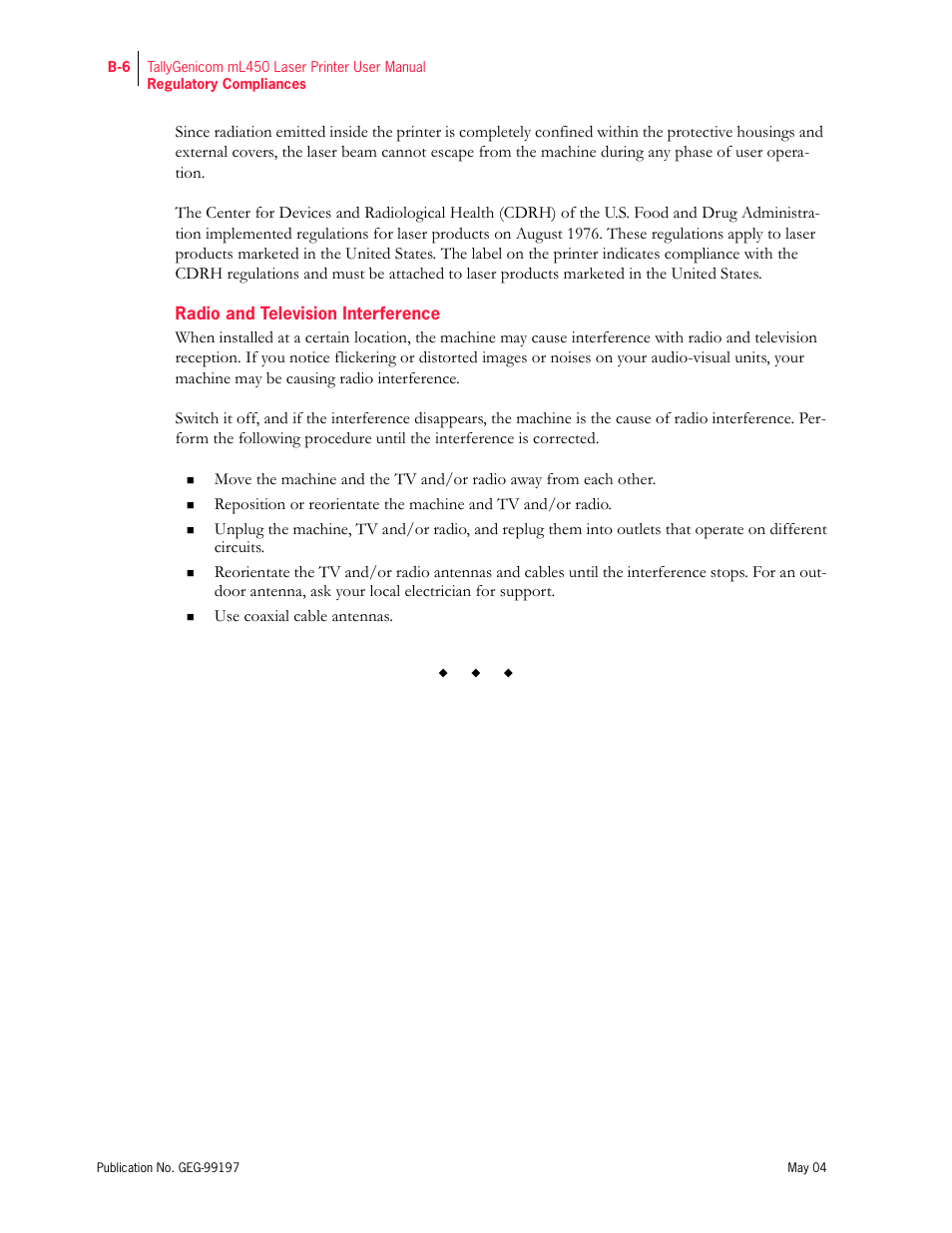 Radio and television interference | Tally Genicom mL450 User Manual | Page 228 / 232
