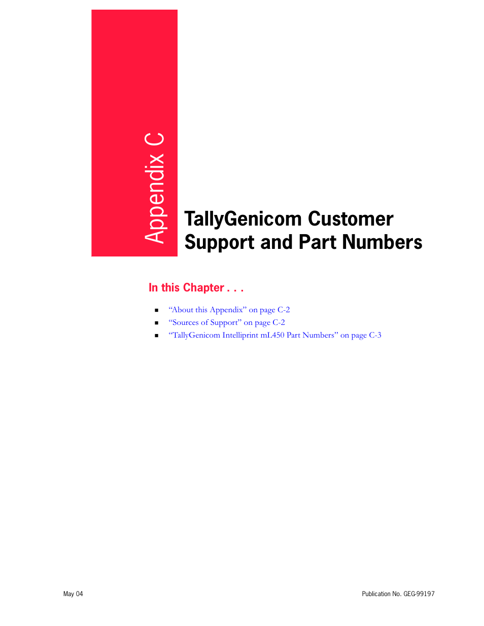Tallygenicom customer support and part numbers, Appendix e, Appendix c | Tally Genicom mL450 User Manual | Page 229 / 232