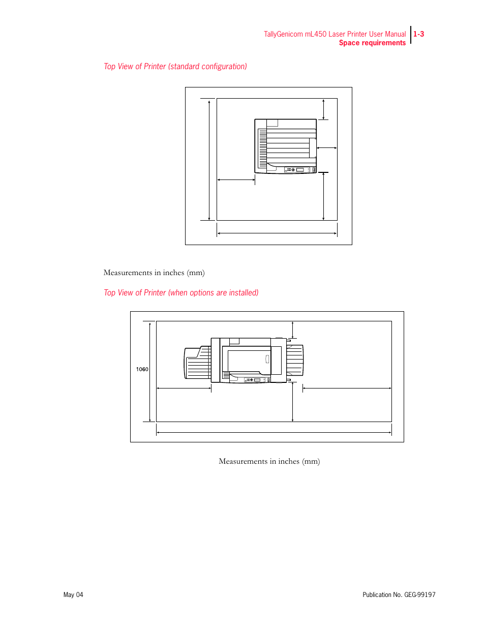 Top view of printer (standard configuration), Top view of printer (when options are installed), Measurements in inches (mm) | Tally Genicom mL450 User Manual | Page 23 / 232