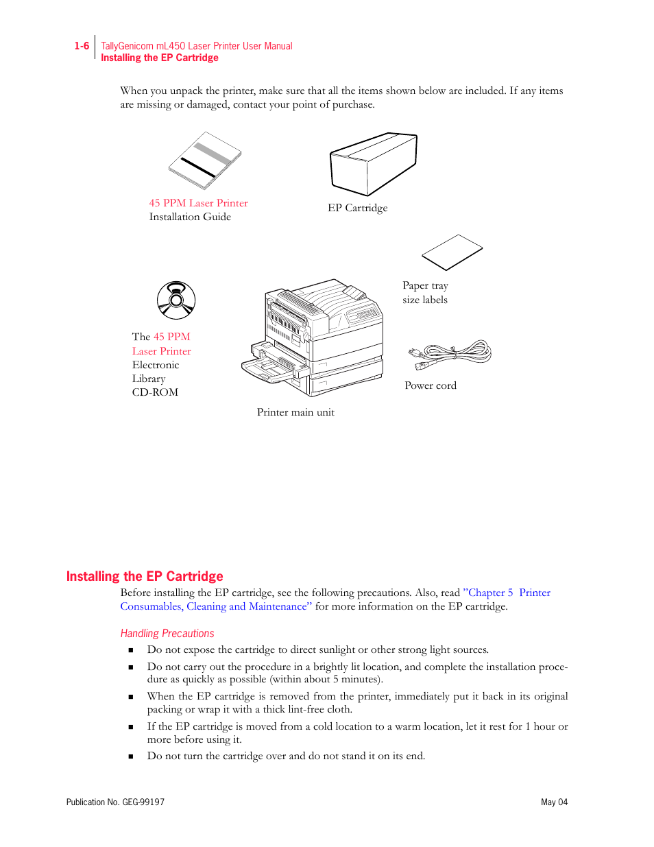 Installing the ep cartridge, Handling precautions | Tally Genicom mL450 User Manual | Page 26 / 232