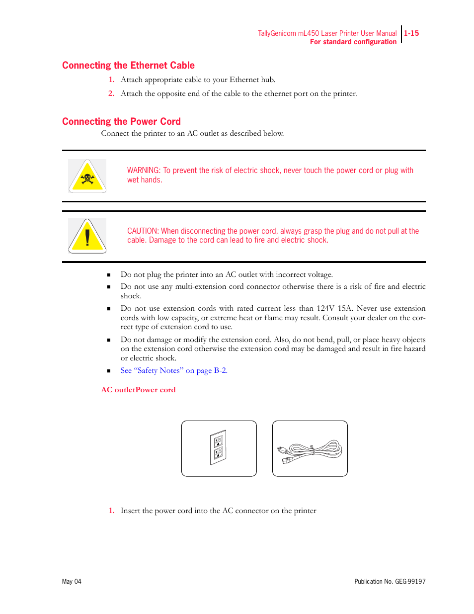 Connecting the ethernet cable, Connecting the power cord | Tally Genicom mL450 User Manual | Page 35 / 232