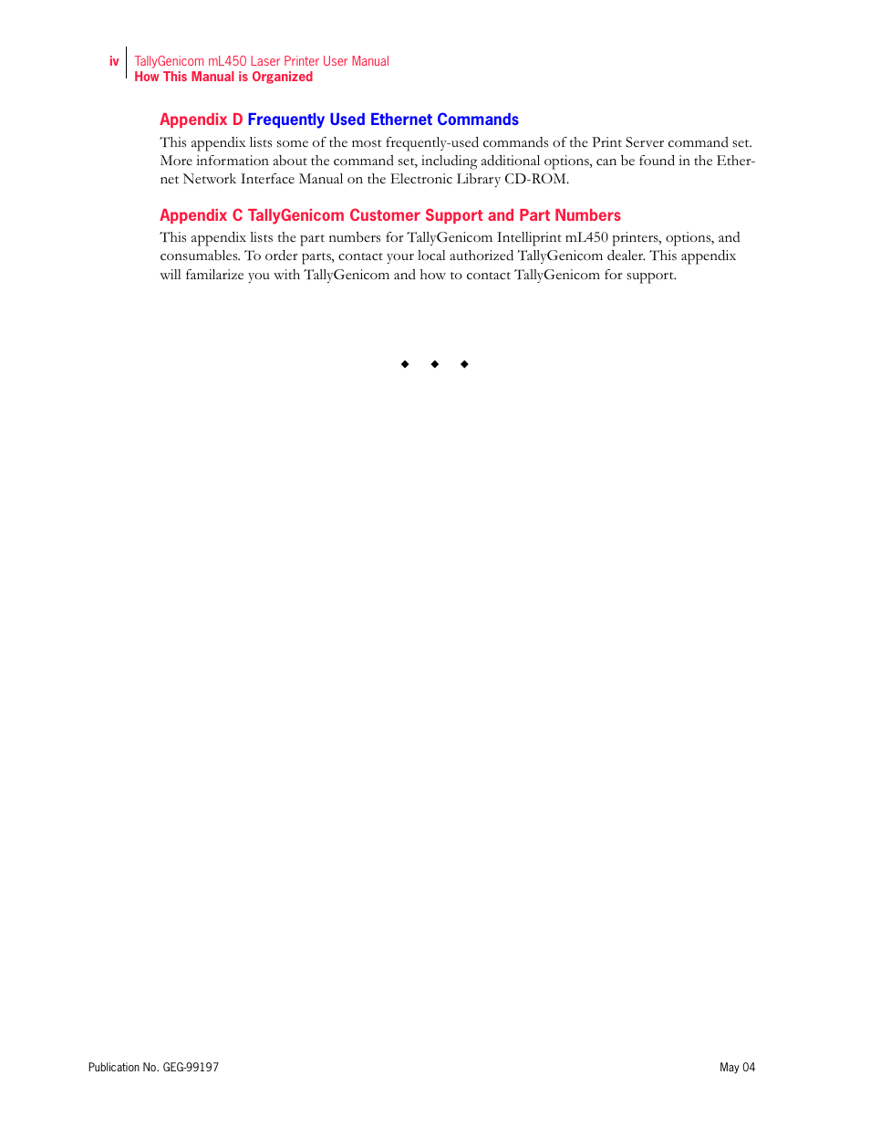 Appendix d frequently used ethernet commands | Tally Genicom mL450 User Manual | Page 4 / 232