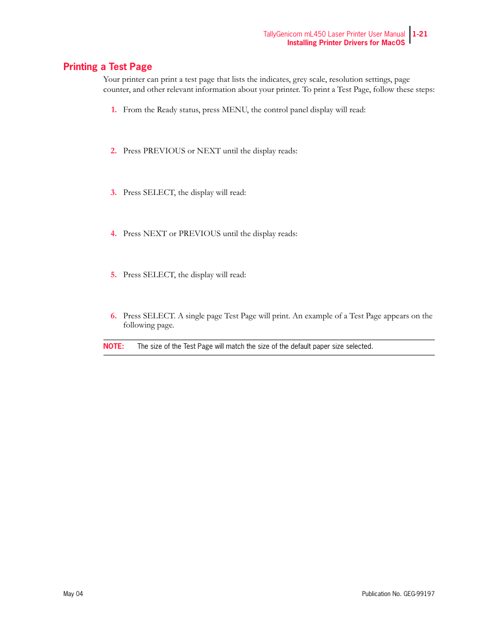 Tally Genicom mL450 User Manual | Page 41 / 232