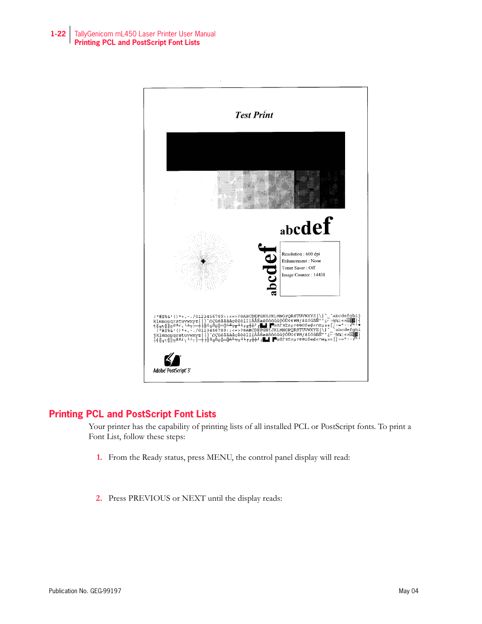 Printing pcl and postscript font lists | Tally Genicom mL450 User Manual | Page 42 / 232