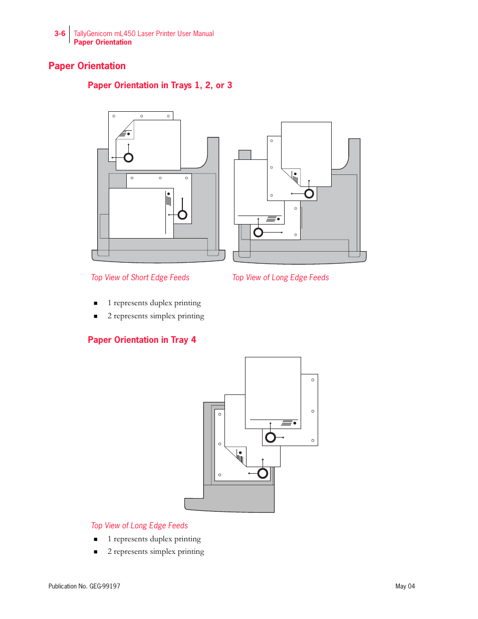 Paper orientation, Paper orientation in trays 1, 2, or 3, Paper orientation in tray 4 | Tally Genicom mL450 User Manual | Page 58 / 232