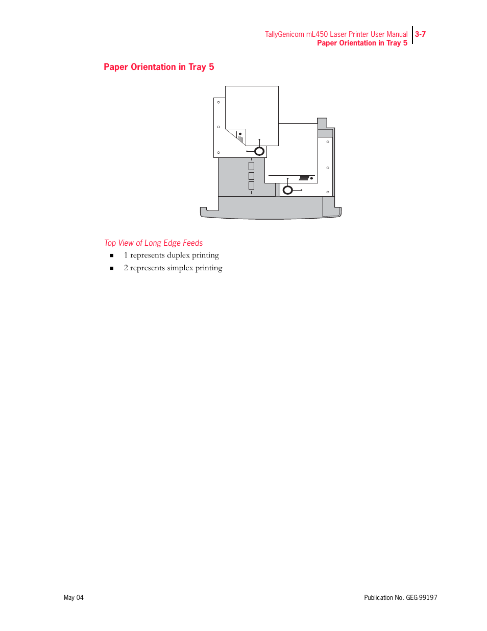 Paper orientation in tray 5, Top view of long edge feeds, 1 represents duplex printing | 2 represents simplex printing | Tally Genicom mL450 User Manual | Page 59 / 232