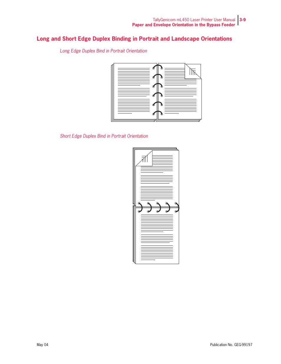 Long edge duplex bind in portrait orientation, Short edge duplex bind in portrait orientation | Tally Genicom mL450 User Manual | Page 61 / 232