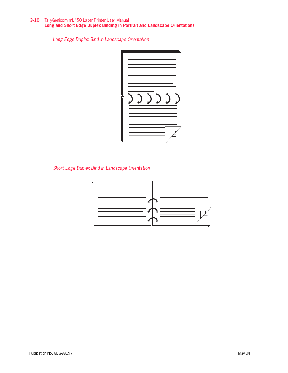 Long edge duplex bind in landscape orientation, Short edge duplex bind in landscape orientation | Tally Genicom mL450 User Manual | Page 62 / 232