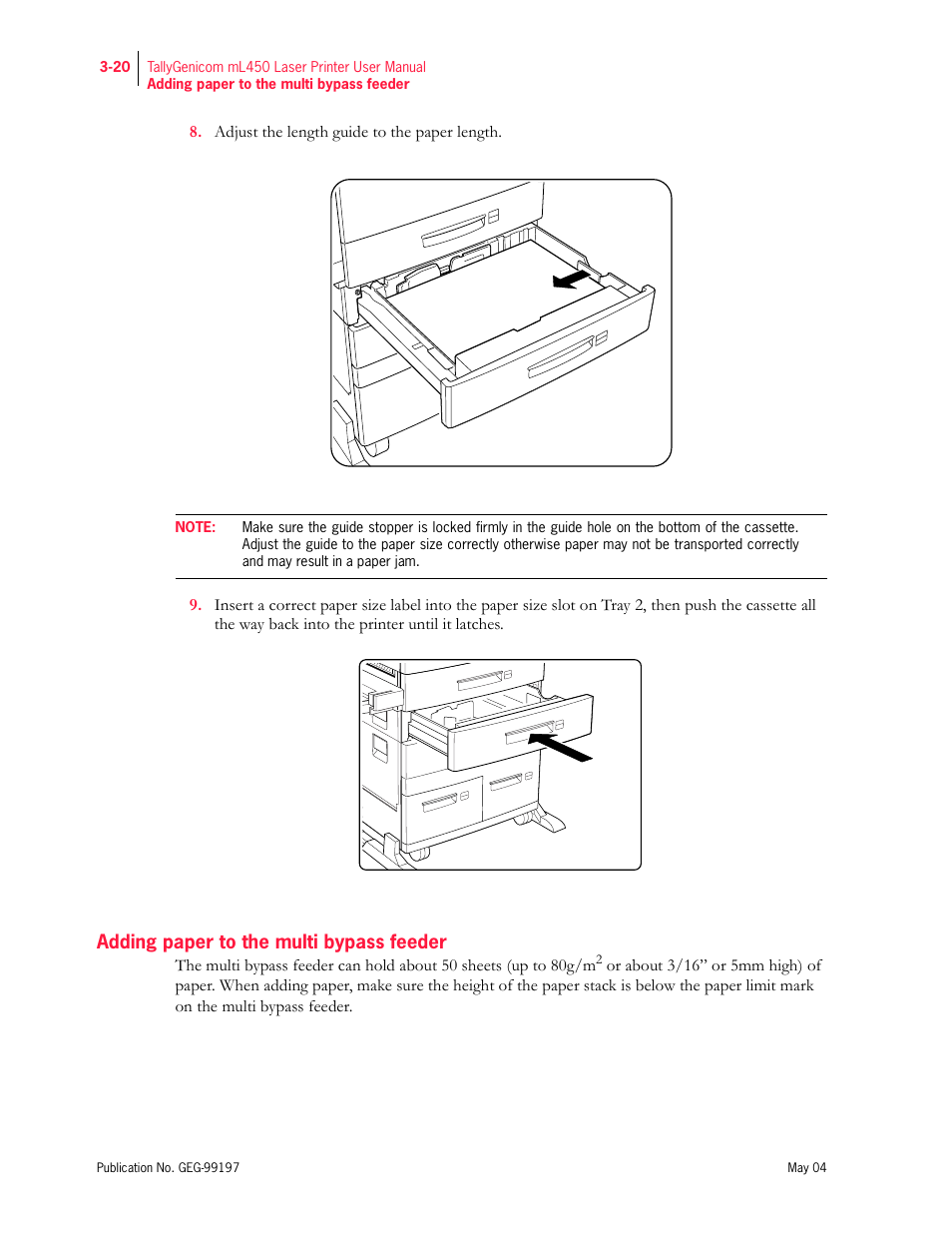 Adding paper to the multi bypass feeder | Tally Genicom mL450 User Manual | Page 72 / 232