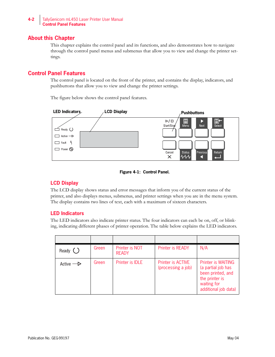 About this chapter, Control panel features, Lcd display | Led indicators | Tally Genicom mL450 User Manual | Page 84 / 232