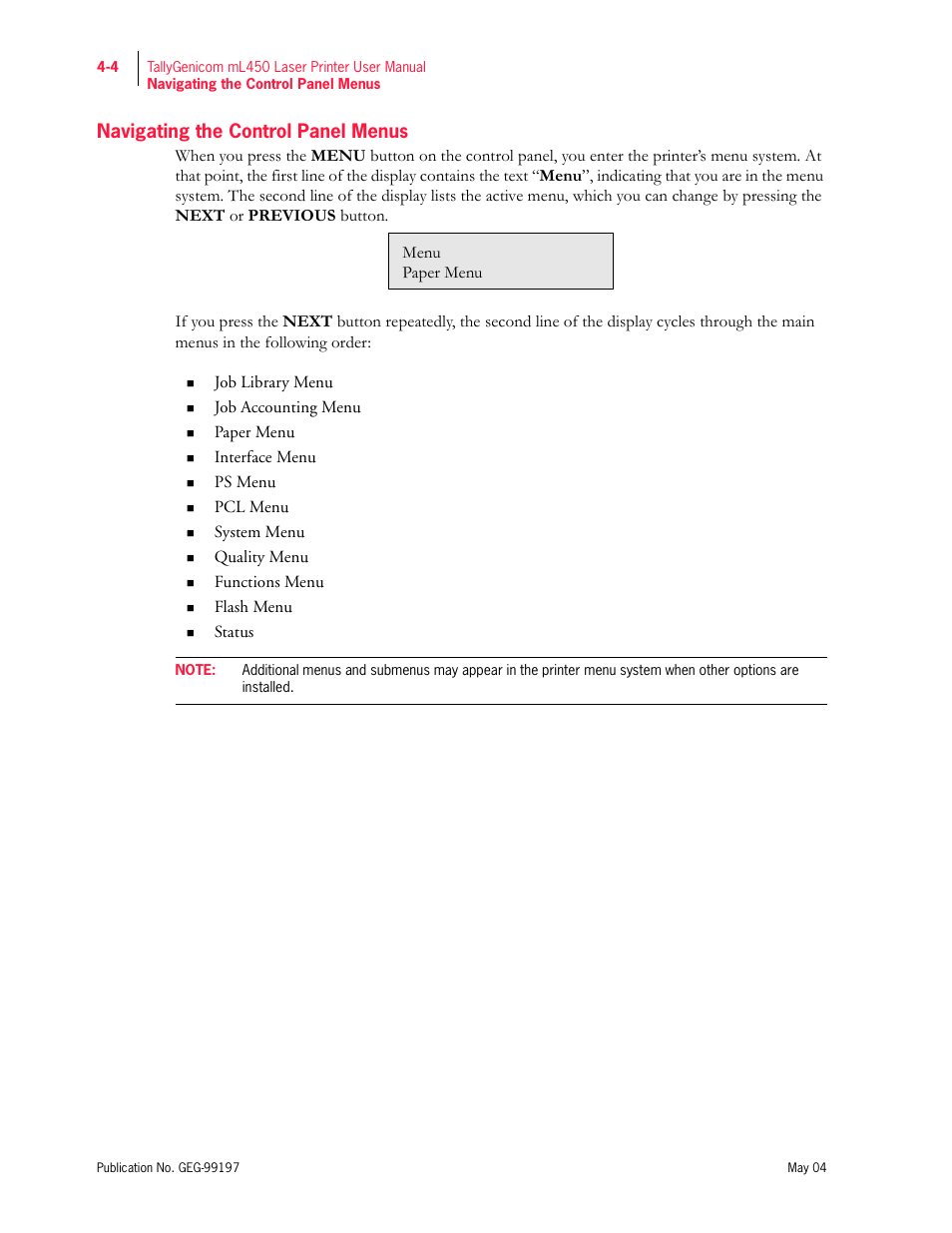 Navigating the control panel menus | Tally Genicom mL450 User Manual | Page 86 / 232