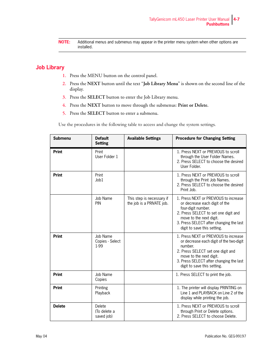 Job library | Tally Genicom mL450 User Manual | Page 89 / 232
