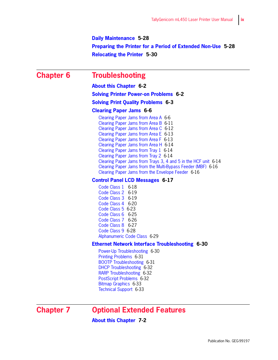 Chapter 6 troubleshooting, Chapter 7 optional extended features | Tally Genicom mL450 User Manual | Page 9 / 232