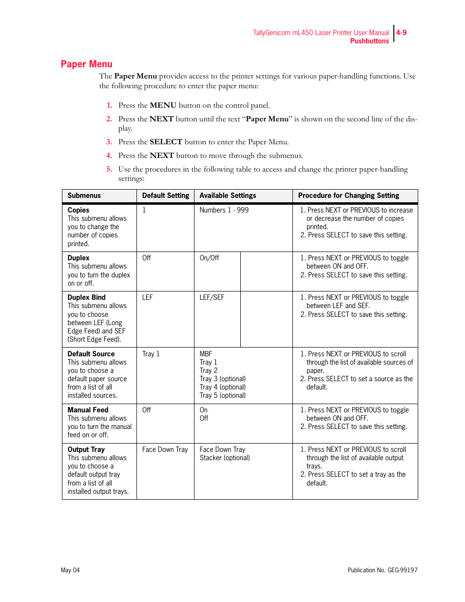 Paper menu | Tally Genicom mL450 User Manual | Page 91 / 232