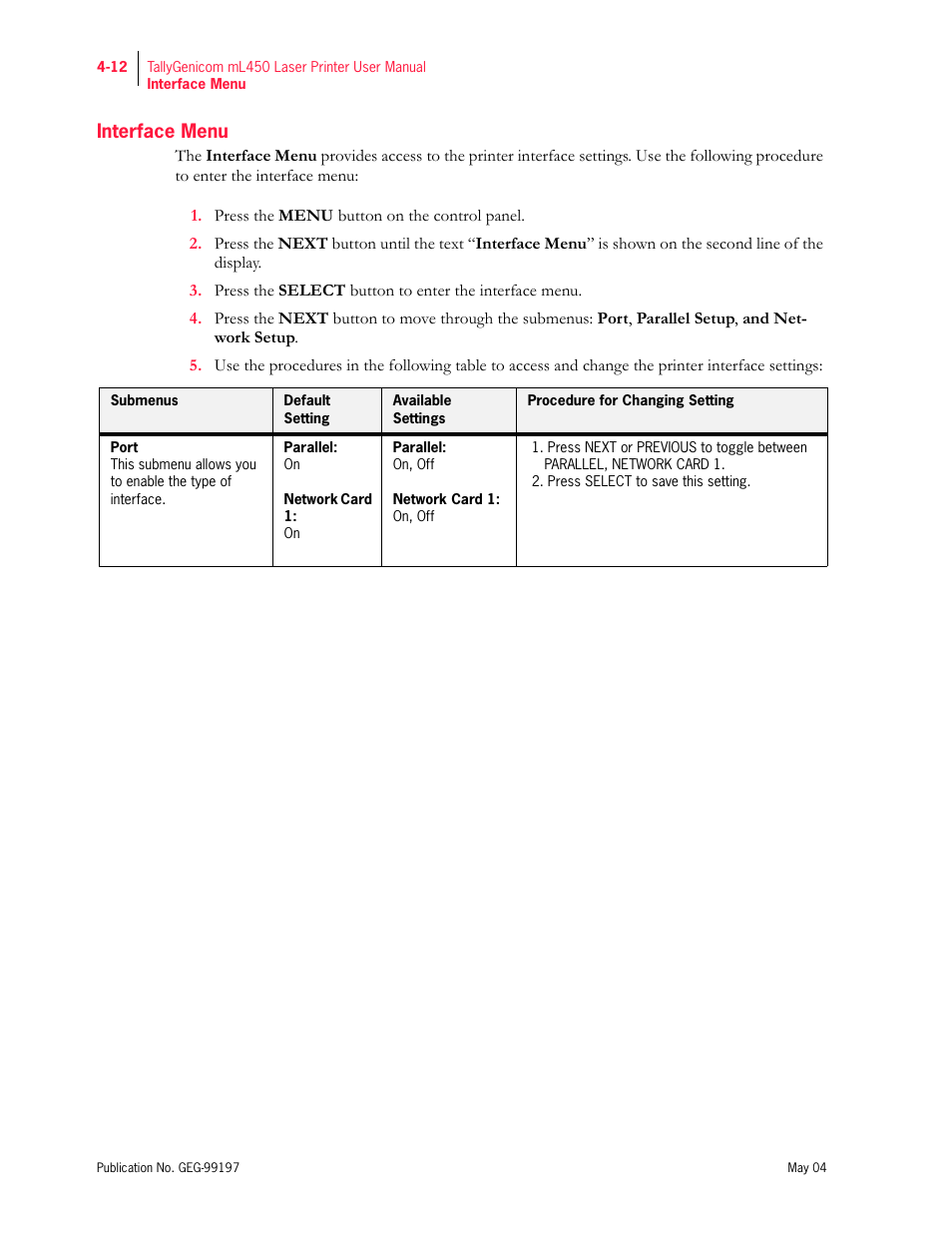 Interface menu | Tally Genicom mL450 User Manual | Page 94 / 232