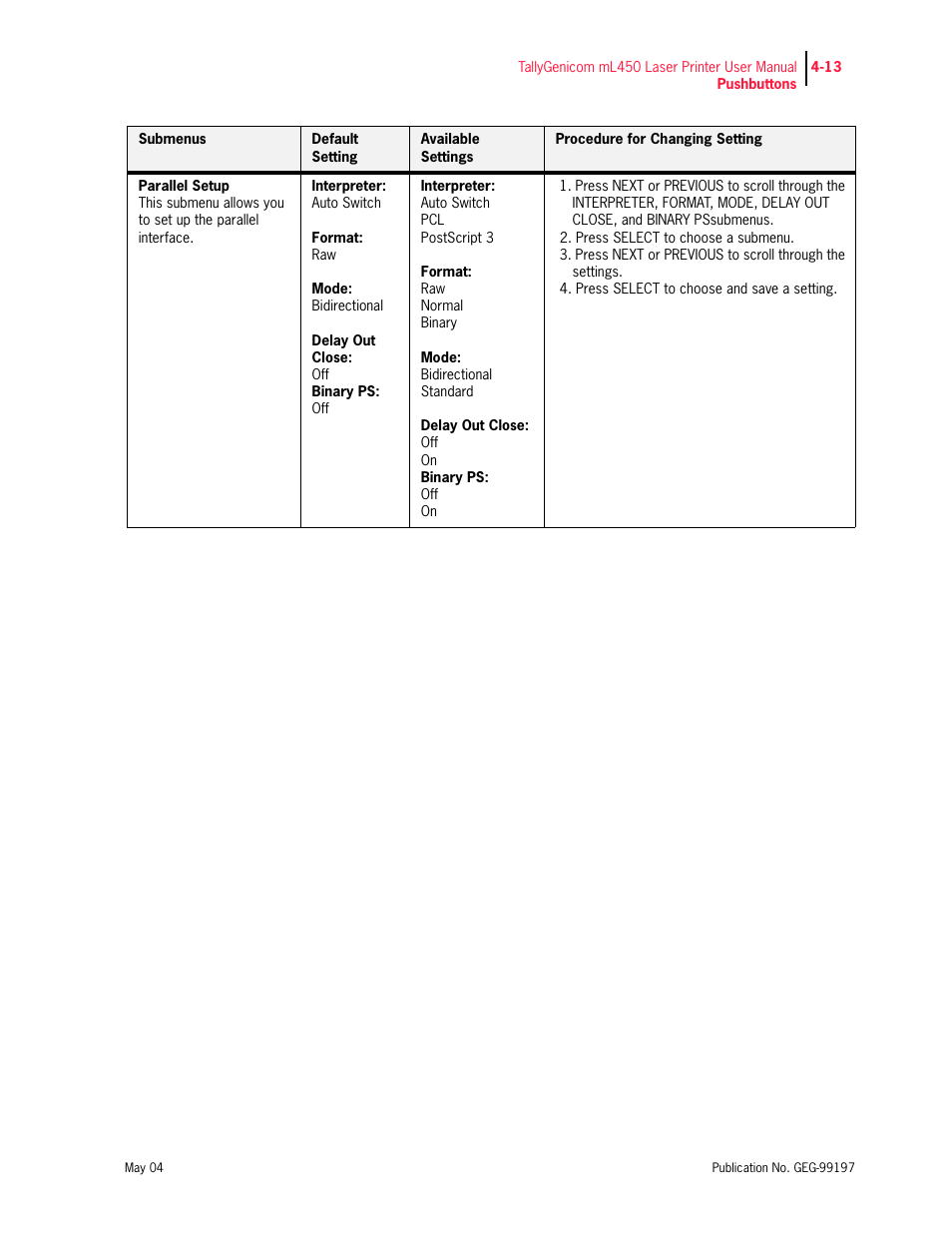 Tally Genicom mL450 User Manual | Page 95 / 232