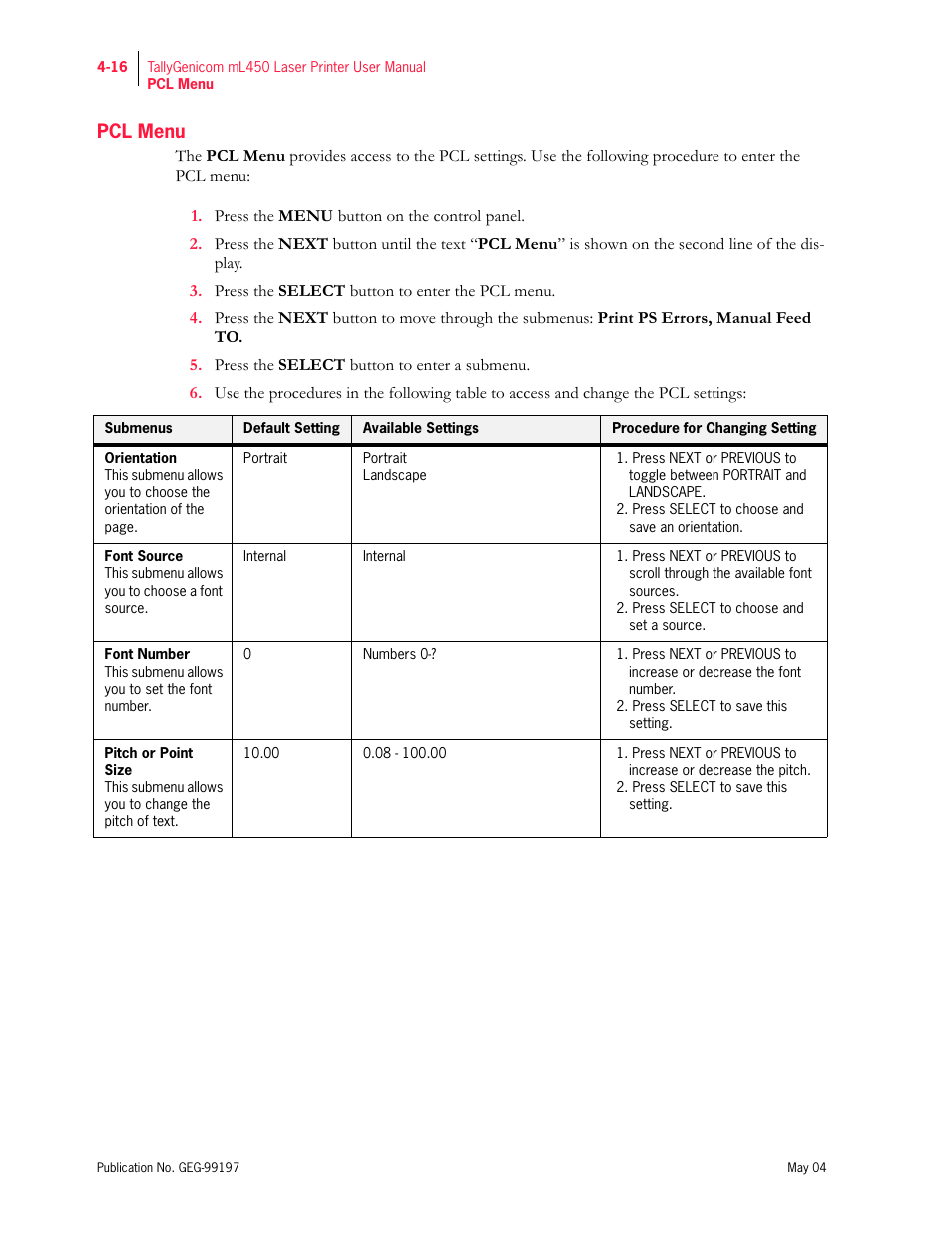 Pcl menu | Tally Genicom mL450 User Manual | Page 98 / 232